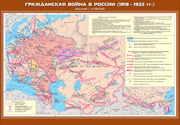 Карта учебная Гражданская война в России 1918-1922 годах